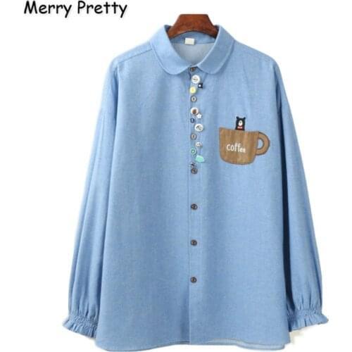 XUANHAO Plus Velvet Womens Cartoon Embroidery Warm Tops And Blouses 2020 Winter Long Sleeve Turndown Collar Casual Blouse