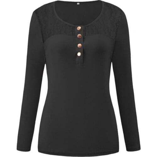 Women Fashion Lace Patchwork Blouse Long Sleeve O Neck Buttons T-shirt Pullover