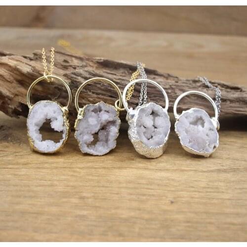 Natural White Quartz Geode Druzy Hoop Pendants Necklace,Raw Crystal Agates Drusy Charms Gold/Silvery Plated Women Jewelry,QC3066