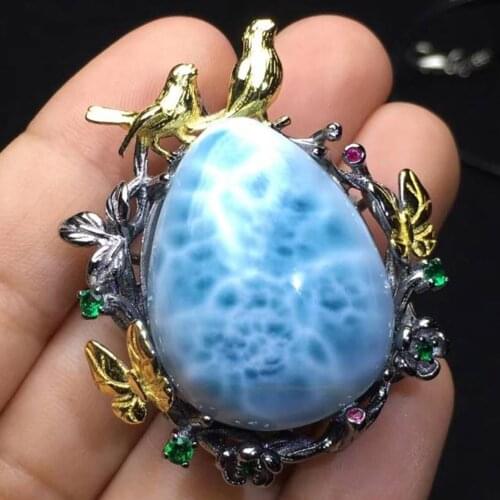 High Quality Natural Dominica Larimar 925 Sterling Silver Bird Pendant Necklace For Women Gift