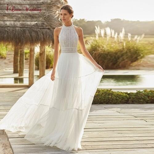 Boho Lace Wedding Dresses A Line Halter Backless Simple Chic Bohemian Women Bridal Gowns vestido de novia 2021