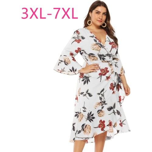 Spring summer new plus size long dress for women large loose casual long sleeve flower V neck dresses belt white 4XL 5XL 6XL 7XL