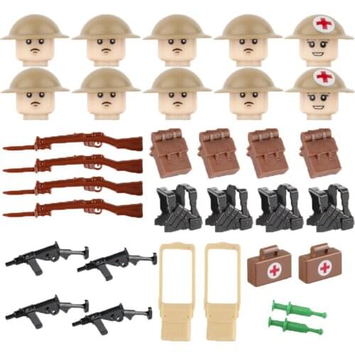 10PCS WW2 British Army Accessories Building Blocks Military Weapon Gun Medical Backpack Soldier Bren Car Bricks Toys Set D297