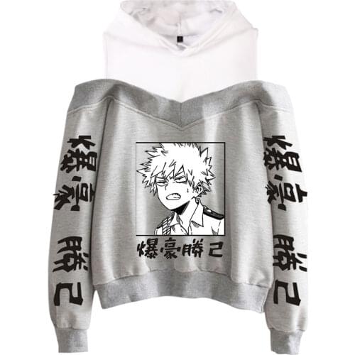 2021 Anime My Hero Academia Women Off Shoulder Hoodie Sweatshirt Bakugou Katsuki Printed Pullovers Tracksuit Hip Hop Tops