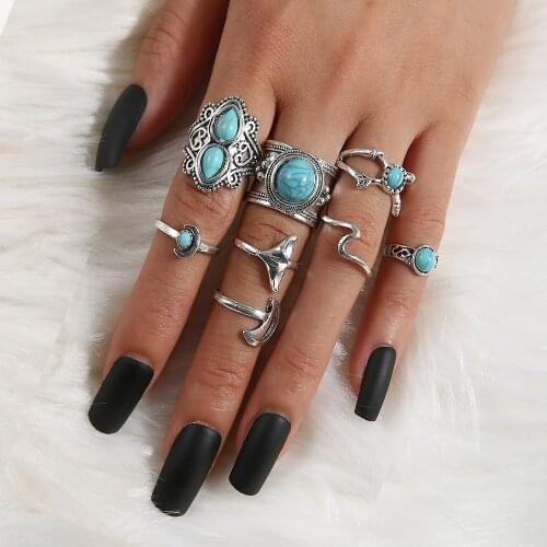 8 Pcs/Set Simple Design Stone Moon Rings Set For Women Mermaid Tail Geometry Finger Ring Set Female Jewelry Gifts 2020