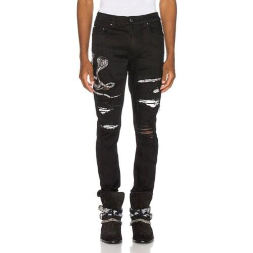 2021 New Fashion Streetwear High Quality Elastic Ripped Jeans Men Stretch Punk Pants Cobra Patches Designer Hip Hop Jeans Homme