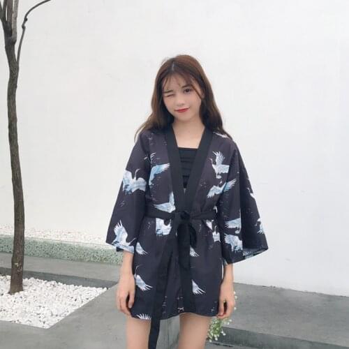 Japanese Women Kimono Yukata Haori Girl Cosplay Costumes Harajuku Wind Crane Print Loose Kimonos Cardigan Outcoat Casual Jacket