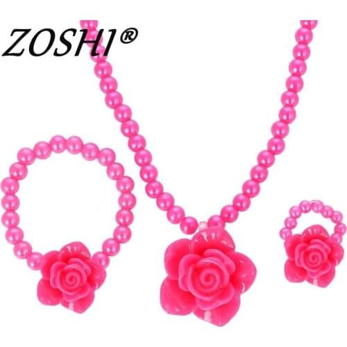 ZOSHI Kids Baby Girls Imitation Pearls Beaded Sun Flower Necklace Bracelet Ring Jewelry Set Children Party Gift Wholesale Price