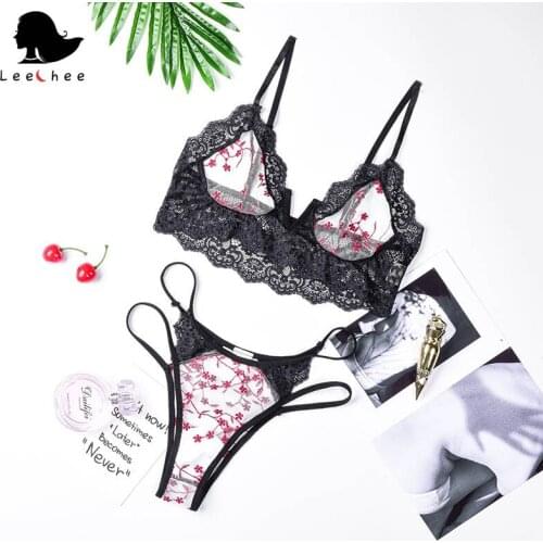 Leechee Embroidered womens bra Panties suit 2021 Mesh Hollow Lace Underwear set Floret Split Bikini Transparent sexy lingerie