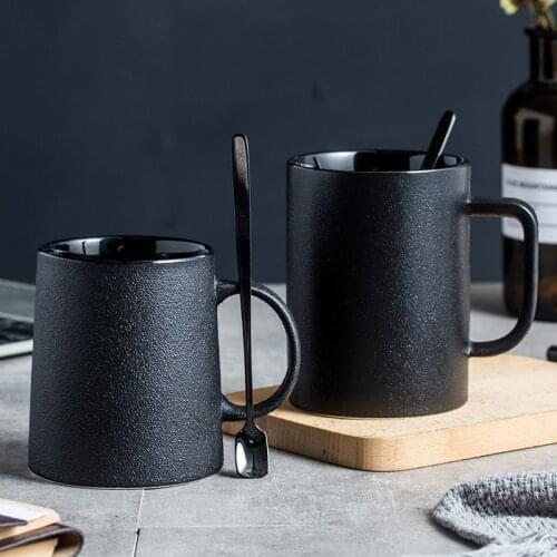 Frosted ceramic black mug with spoon European ceramic black matte high-capacity mugs