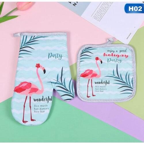 Cute Cotton Pink Flamingo Kitchen Insulated Pad Cooking Microwave Baking BBQ Oven Potholders Oven Mitts Kitchen Gloves