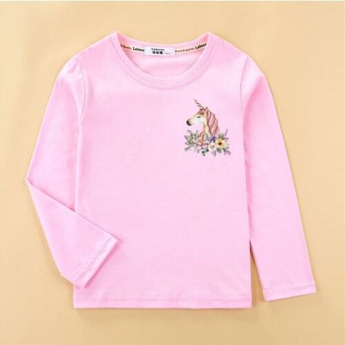 Fashion Unicorn Girls Costume Spring Autumn Long Sleeve T-shirt Chest Label Printing Tops Baby Girl 100% Cotton Tees Kids
