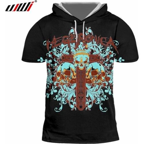 UJWI New 3D Cross Skull Man Hooded Tshirt Printed Flower Vine Pattern Mens Gothic Tee Shirt Hot Sale Unisex T-shirt Recommend