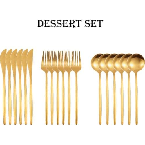 18pcs Stainless Steel Cutlery Matte Gold Dessert Set Spoons Knife Fork Stirring Drink Ice Cream Utensils Afternoon Tea Kitchen