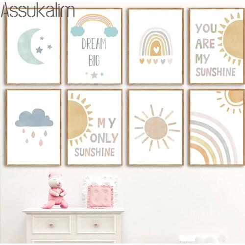 Nursery Wall Art Postes Rainbow Painting Sun Moon Cloud Canvas Print Heart Paintings Nordic Wall Picture Boho Kids Bedroom Decor