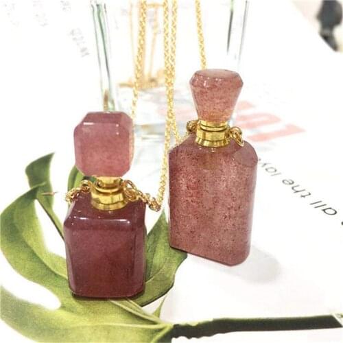 Natural red Strawberry crystal golden chain Charm necklace healing stone reiki Essential Oil Diffuser necklace