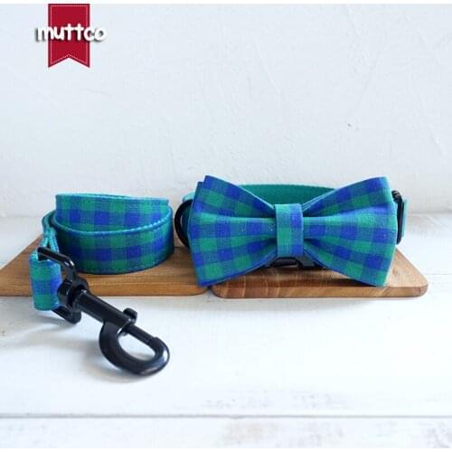 MUTTCO solid durable collar for dog THE BLUE GREEN PLAID soft puppy collars with bow tie pet supplies 5 sizes UDC073H