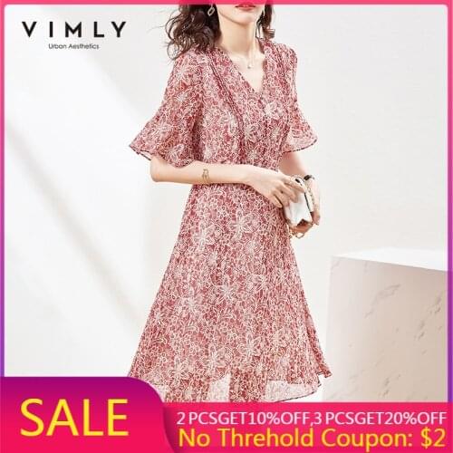 VIMLY Summer Floral Dresses Women Elegant V Neck Flare Sleeve Red Dress High Waist Vintage Mini Dress Female Vestidos F7353