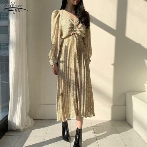 Pleated Chiffon Dresses A-line Vintage Long Dress Long Sleeve V-neck Dress Print Floral Ruffle Bubble Lantern Hot Sale 9968