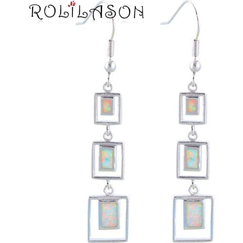 ROLILASON Birthday Gifts for Women White Fire Opal Silver Stamped New Popular Drop Earrings Fashion Jewelry OE362