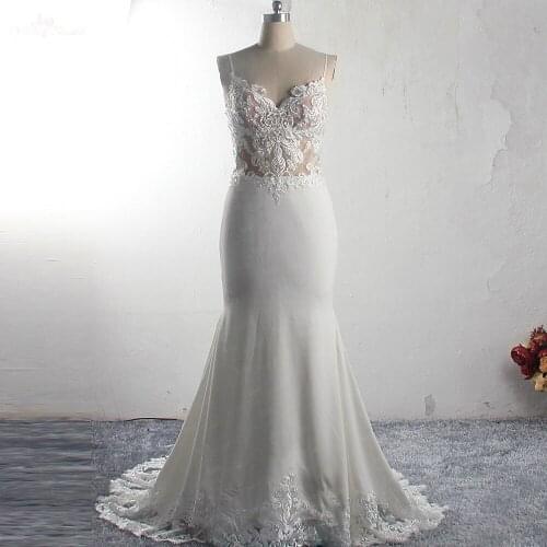 RSW1534 Wholesale Trumpet/ Mermaid Sexy Spaghetti Strap Wedding Dress Lace Appliques Mermaid Chiffon Lace Bridal Gown