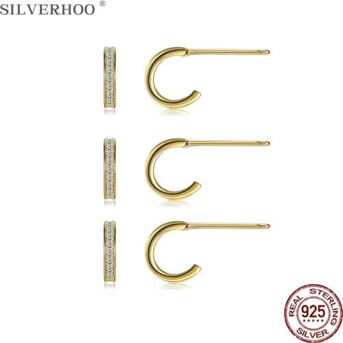 SILVERHOO 925 Sterling Silver Letter C Shape Tiny Stud Earrings For Women Full Cubic Zirconia Gold Color Earring Silver Jewelry