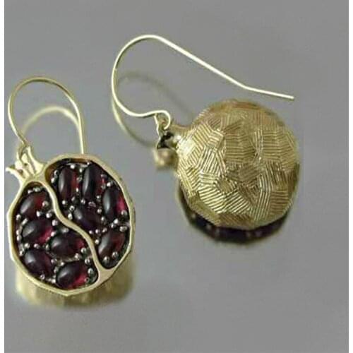 Vintage Fruit Fresh Red Garnet Dangle Earrings For Women Gold Color Earring Red Resin Stone Pomegranate Brinco Statement Jewelry