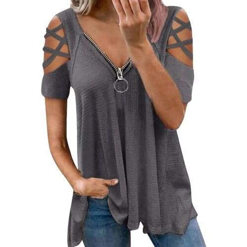 Women Summer Loose T-shirt Female Solid Color Zipper V-neck Tops Cross Cutout Sleeve Pullover Casual T-Shirts