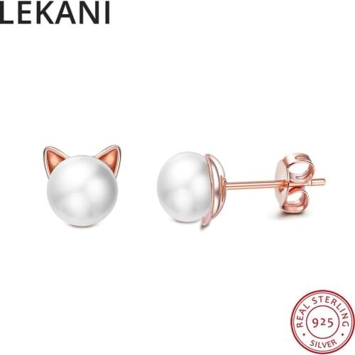 Cute 925 Sterling Silver Cat Stud Earrings Elegant Round White Freshwater Pearl Earrings Women Engagement Jewelry Kids Brincos