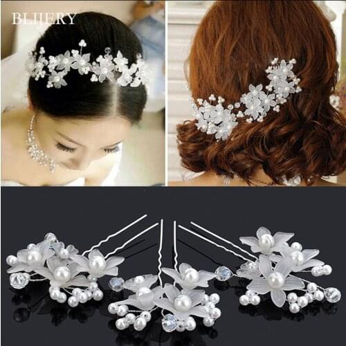 BLIJERY 2Pcs/lot Crystal Pearl Beads White Flower Hairpins for Women Headpiece Hair Pins Wedding Bridal Hair Accessories