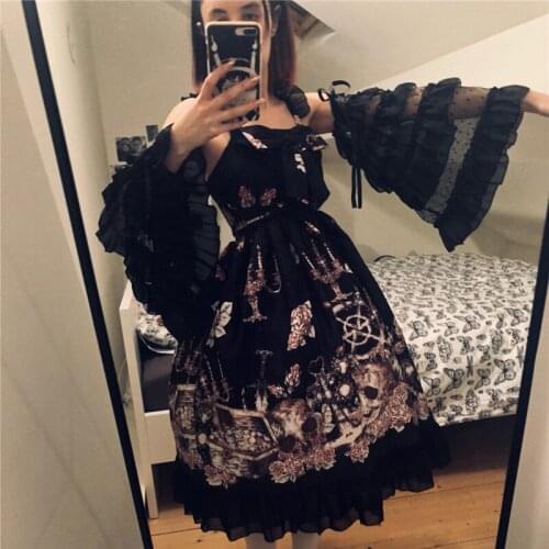 Halloween Costumes for Women Skull Print Dress Gothic Lolita Scary Sleeveless Skirts Horror Outfit Lace Dark Black Style 2021