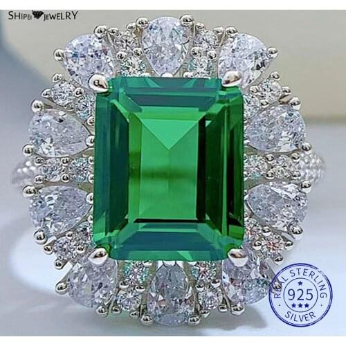 Shipei 925 Sterling Silver Emerald Cut Emerald Created Moissanite Gemstone Elegant Ring For Women Fine Jewelry Christmas Gift
