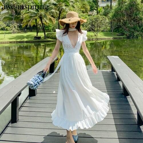 Women Summer Long Deep Vneck White Dress Elegant Maxi Backless Vintage Party Vacation Beach Dress Korean Runway Sundress Vestido