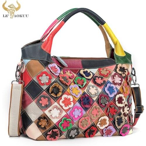 2021 Real Leather Womens Flower Stitching Large Purse and Handbag Over The Shoulder bag Fashion Color Block Ladies Tote bag 815