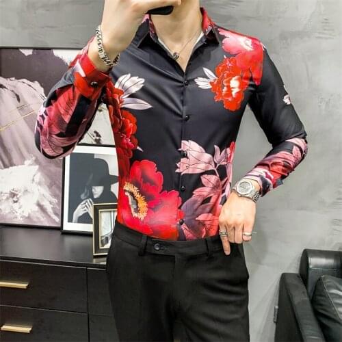 2021 Spring Men Shirts Anime Print Long Sleeve Casual Shirt Streetwear Slim Fit Floral Dress Shirt Men Clothing Camisa Masculina