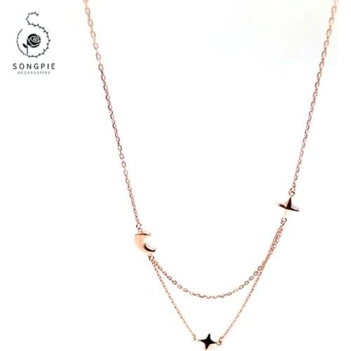 925 Sterling Silver Gilded Girl Sweet Silver Necklace Star Moon Double Clavicle Necklace