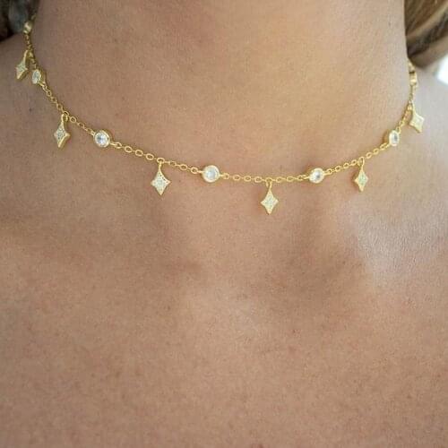 Gold Rose gold Double Sparkling CZ Star Women Pendant Necklace for Women Authentic bling cz station chain Jewelry