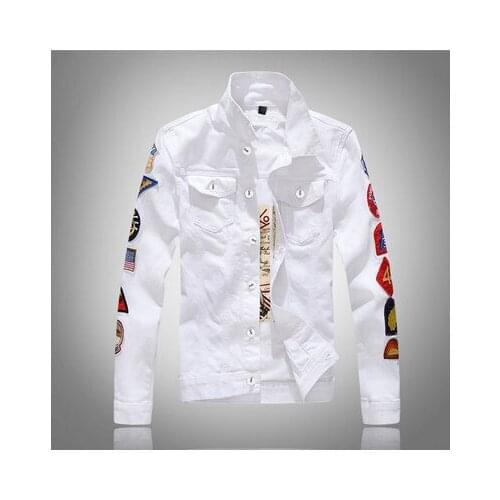 Streetwear Fashion Men Jeans Jackets White Patches Punk Denim Cotton Hip Hop Coats Plus Size Long Sleeve Slim solid outerwear