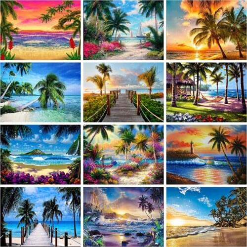 Evershine Diamond Painting Tree Full Square Round Diamond Embroidery Seaside Scenery Mosaic Picture Of Rhinestone Handicrafts