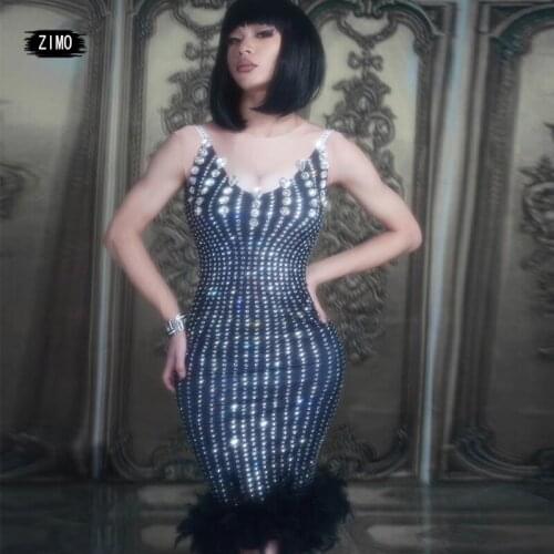 Sparkly rhinestones dress for women sexy party club midi spandex feather birthday dress stage wear designer dresses runway star