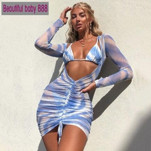 Meqeiss Fashion Print Drawstring Ruched Mini Dresses Bodycon 2 Pieces Sexy Long sleeve Sheer Mesh Dress Club Summer Sundress