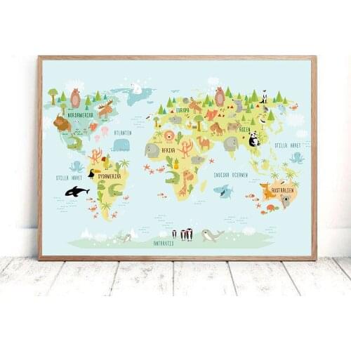 Nordic Style Woodland Animal World Map Wall Art Canvas Painting Posters and Print Room Decor Picture For Bedroom Home Decoration