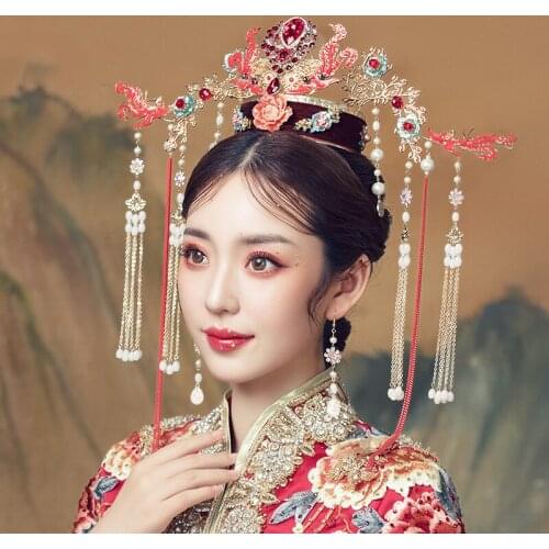 NiuShuya NEW Chinese Vintage Style Hairwear Wedding Headdress Hair Accessories Bride Red Stage Show Chinese Retro Hairwear