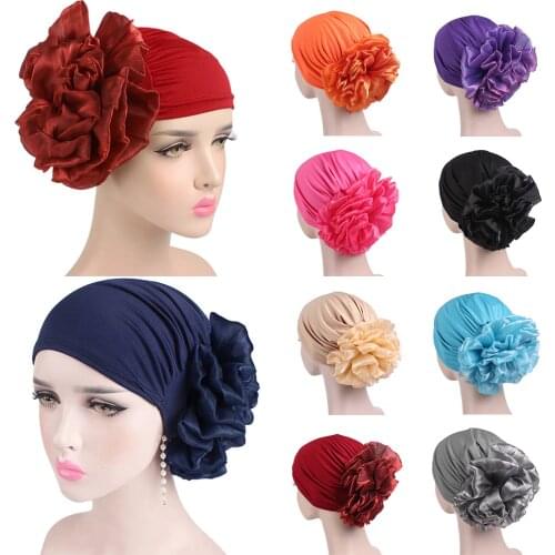 2020 New Woman Big Flower Headband Silk Turban Hat Bandanas for Women Muslim India Cap Ladies Chemo Head Wrap Hair Accessories