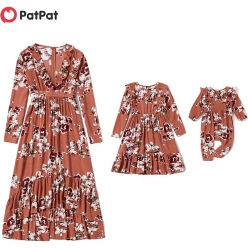 PatPat New Arrival Autumn and Spring Mosaic Floral Flounced V Neck Rayon Dresses for Mommy and Me Family Look Matching