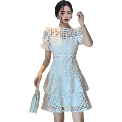 White lace A line Dress one piece korean ladies Summer Short Sleeve stand cabaret party Sexy club formal Dress for women