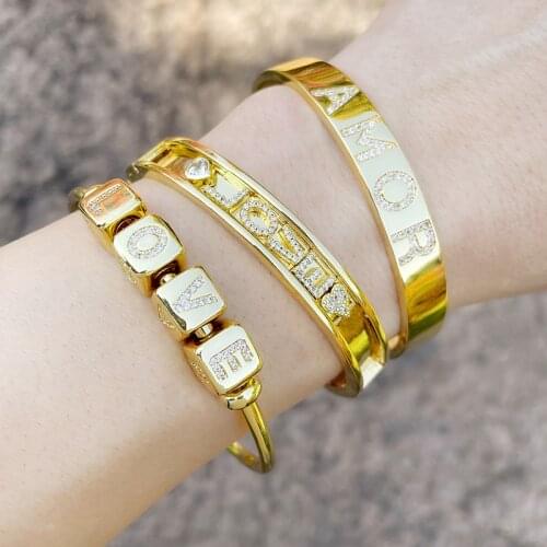 EYIKA Custom Name Wide Bracelet Pave Zircon Removable Letter Bangle Women DIY Handmade Gold Jewelry 26 Alphabet Creativity Gift