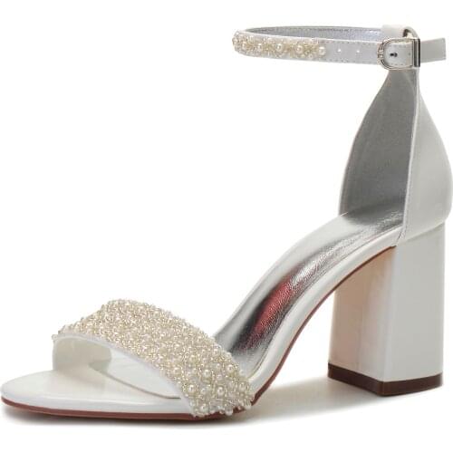 High Heels PU Pearls Wedding Sandals Shoe for Bride Block Heel Open Toe Prom Evening Formal Party Dress Sandals Summer