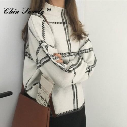 Cotton Plaid Knitted Womens Sweaters Half Turtleneck Long Sleeve Thicken Korean Pullover Female 2021 Winter Girl Tops Oversized