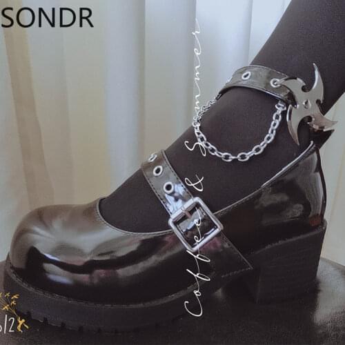 Womens Round Toe Patent Leather Platform Block High Heel Belt Buckle Metal Darts Chains Zipper Gothic Punk Shoes Pumps 8Colors